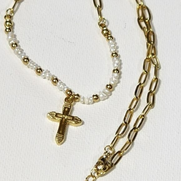 Gold Plated Stainless Steel Chain Freshwater Pearl Beads Cross‎ Pendant Necklace - Picture 8 of 14